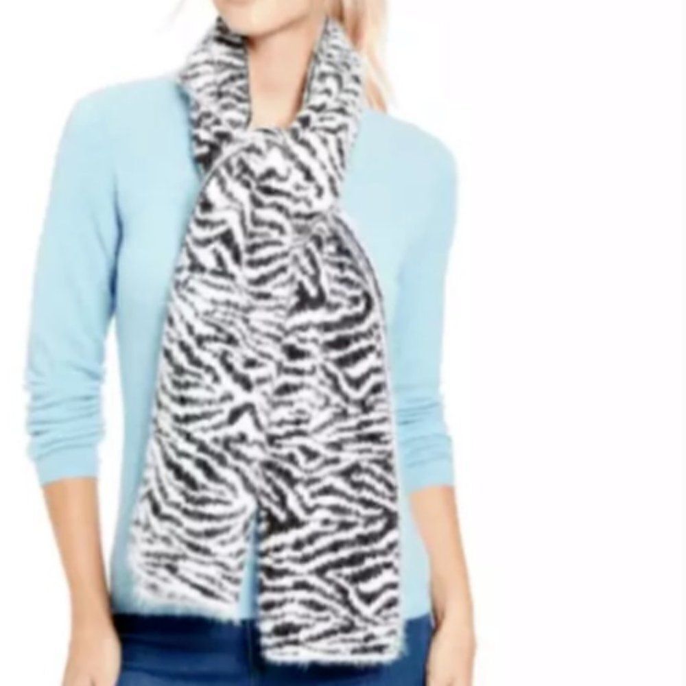 DKNY Fuzzy Animal Print Knit Scarf , Black/ White